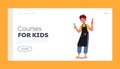 Courses for Kids Landing Page Template. Boy Playing in Stylist, Kid Character Wear Apron with Comb and Scissors in Hands