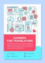 Courses for translators brochure template layout. Interpretation education. Flyer, booklet, leaflet print design with
