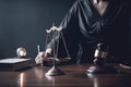 Court gavel and scales on the judge\'s table with a blurred female judge in the background. Generative AI
