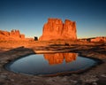 Court House Towers Section, Pot Hole Reflection, Arches National Park. Royalty Free Stock Photo