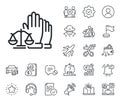 Court jury voting line icon. Justice scales sign. Salaryman, gender equality and alert bell. Vector