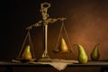 Court and justice concept. Metaphor. Life scene played out with pears Royalty Free Stock Photo