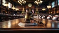 Court of Law and Justice Trial Session: Imparcial Honorable Judge Pronouncing Sentence, striking Gavel. Focus on Mallet