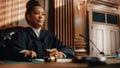 Court of Law Trial in Session: Portrait of Honorable Female Judge Reading Decision. Presiding Royalty Free Stock Photo