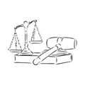 Attributes of the court, the judge`s hammer and scales of Themis, vector illustration of the sketch