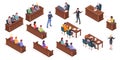 Court process courtroom hearing, isometric icons