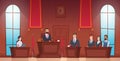 Court room. Judge in courtroom police officer characters of jury inside evidence vector picture