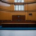 A court room with judge\'s bench in the center Ai Generated