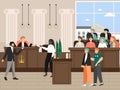 Court session in the courtroom, flat vector illustration. Legal trial with judge, jury, lawyers, security guard criminal