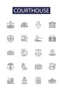 Courthouse line vector icons and signs. Law, Building, Courtyard, Justice, Hall, Proceedings, Hearing, Litigation