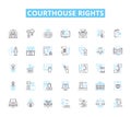 Courthouse rights linear icons set. Advocacy, Litigation, Due process, Civil rights, Jury, Defense, Evidence line vector