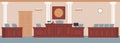 Courtroom interior with judge, attorney and jury table. Empty room. Wooden podium, tribunes with armchairs. Cartoon flat Royalty Free Stock Photo