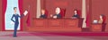 Courtroom. Judges in uniform sitting at court lawyers workers at table exact vector cartoon background Royalty Free Stock Photo