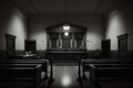 Courtroom before meeting. Judge's table and empty benches. Generative AI