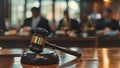 A courtroom scene with two lawyers presenting their arguments to a judge. The focus is on the judges gavel symbolizing