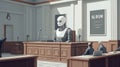 A courtroom setting features a humanoid robot judge seated behind a wooden bench, surrounded by classic architecture