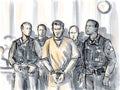 Courtroom Trial Sketch of Convicted Defendant Convict Accompanied by Bailiff Police Officer Drawing