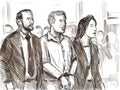 Courtroom Trial Sketch of Convicted Defendant Convict With Lawyer During Sentencing Hearing Drawing