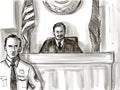 Courtroom Trial Sketch Showing Judge with Bailiff Inside Court of Law Drawing Royalty Free Stock Photo