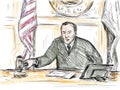 Courtroom Trial Sketch Showing Judge Lawyer Defendant Plaintiff Witness and Jury Inside Court of Law Royalty Free Stock Photo