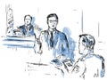 Courtroom Trial Sketch Showing Judge and a Male Witness on Stand Taking Oath Sworn In Court of Law Royalty Free Stock Photo