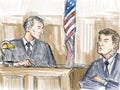 Courtroom Trial Sketch Showing Judge Reprimanding Defendant Plaintiff Witness Inside Court of Law Royalty Free Stock Photo