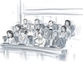 Courtroom Trial Sketch Showing a Jury of Twelve 12 Juror Inside Court of Law