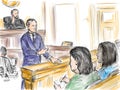 Courtroom Trial Sketch Showing Lawyer of Defendant or Plaintiff Addressing Jury Inside Court of Law