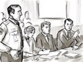 Courtroom Trial Sketch Showing Lawyer and Defendant or Plaintiff with Bailiff Inside Court of Law Drawing Royalty Free Stock Photo