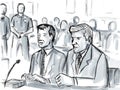 Courtroom Trial Sketch Showing Lawyer and Defendant or Plaintiff Inside Court of Law Drawing