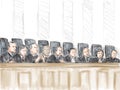 Courtroom Trial Sketch Showing Supreme Court Judge or Justices on Bench Inside Court of Law