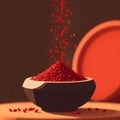 Velvety Dark Red Curry Powder Fall â Macro Slow Motion into Stone Pot, Dust Particles & Warm Natural Light Royalty Free Stock Photo