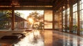 a courtyard with benches and the sun setting through the window Royalty Free Stock Photo
