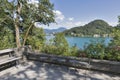 Courtyard of Bled island with view over town and lake Royalty Free Stock Photo