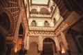 Courtyard with carvings and patterns inside 14th century Alcazar royal palace, Mudejar architecture style, Seville