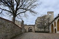 Courtyard in the castle ruin Hellenstein on the hill of Heidenheim an der Brenz in southern Germany against a blue sky with clouds