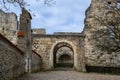 Courtyard in the castle ruin Hellenstein on the hill of Heidenheim an der Brenz in southern Germany against a blue sky with clouds