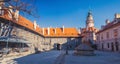 Courtyard with castle tower, castle in Cesky Krumlov, Czech republic