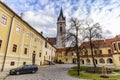 Courtyard Church of St. Giles and the Virgin Mary Royal in the old town of Trebon, Czech Republic