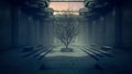 Courtyard enclosure in a misty atmospheric futuristic building, with a single tree in the centre. 3D rendering