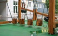 A courtyard of high-rise buildings with a modern and large playground made of wood and plastic on a rainy summer day without Royalty Free Stock Photo