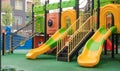 A courtyard of high-rise buildings with a new modern colorful and large playground on a rainy summer day without people. Empty Royalty Free Stock Photo