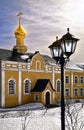 Courtyard at Holy Trinity Seraphim-Diveevsky Monastery Russia on a sunny spring day