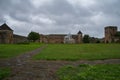 Courtyard of Ivangorod Fortress. View to churches of Saint Nicholas and Dormition of the Mother of God, walls and towers.