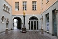 Riga, Latvia, November 2019. Statue of a knight in the courtyard of a medieval restored building.