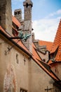 Courtyard of medieval majestic and romantic gothic castle Bouzov, old fairy-tale stronghold of Teutonic Order, fortress with stone Royalty Free Stock Photo