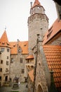 Courtyard of medieval majestic and romantic gothic castle Bouzov, old fairy-tale stronghold of Teutonic Order, fortress with stone Royalty Free Stock Photo