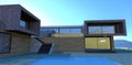 Courtyard in a minimalist style. Advanced country house with swimming pool. Wonderful sunny blue sky. 3d render
