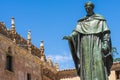 Courtyard of the minor schools of the University of the city of Salamanca and statue of Fray Luis de Leon, in Spain.