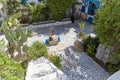 The courtyard of the museum house in Sidi Bou Said, with beautiful mosaics in oriental style and blue doors and windows.